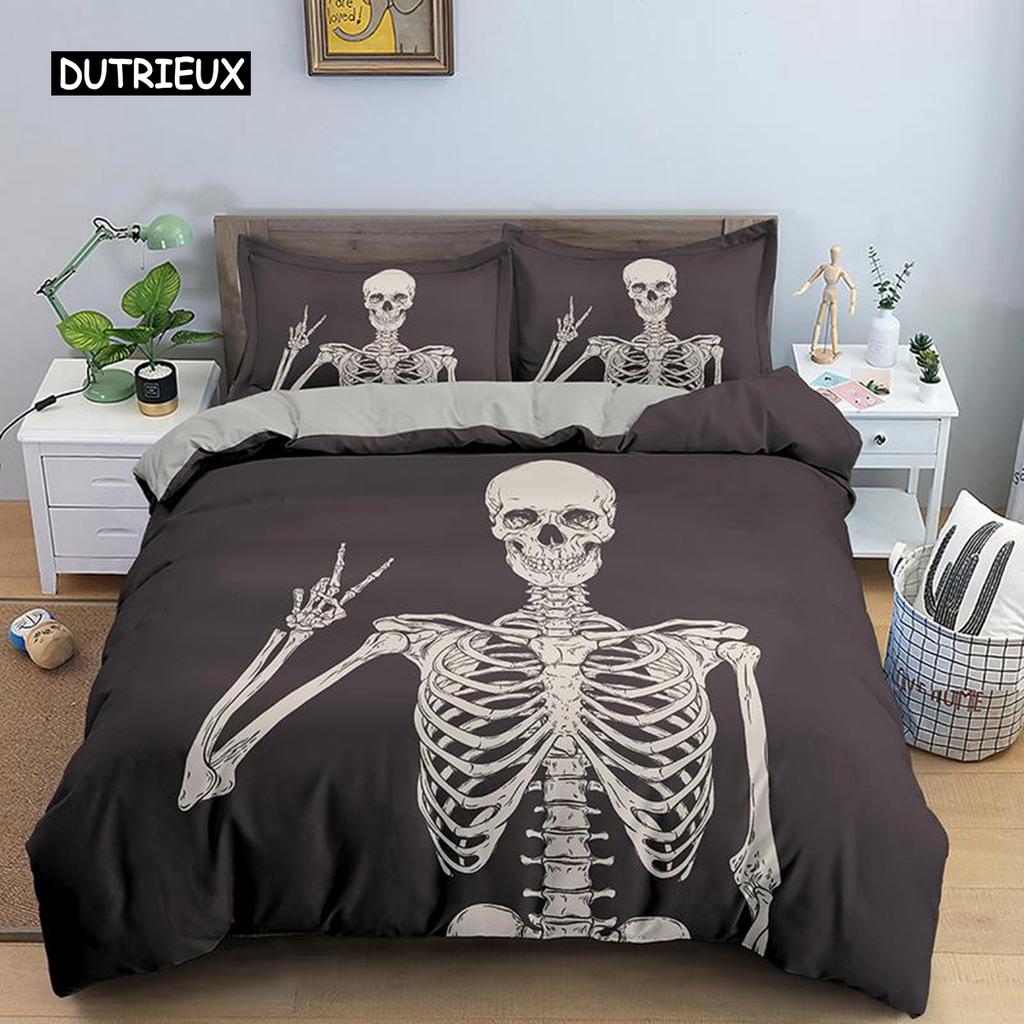 Skeleton Duvet Cover Set Microfiber Bedding Set Twin Size Halloween Funny Skeleton Skulls Bones Comforter Cover for Kids Teens