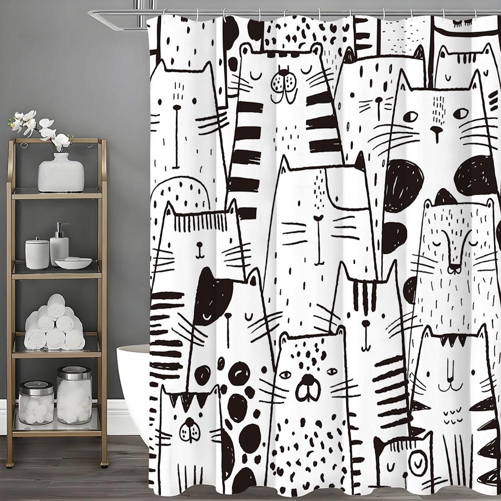 

Cartoon-Style Line Cat Shower Curtain Washable Dirt-Resistant Shower Head Waterproof Polyester Bath Curtain For Home Decor W60H190(CM)-1 Pcs