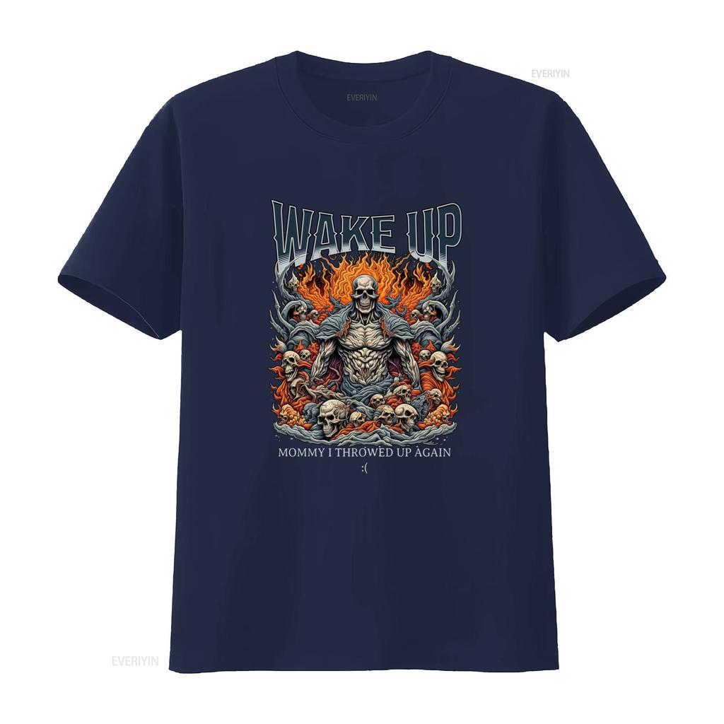 Gothic Wake Up Funny Meme Flame Skull Print Streetwear Casual T Shirt Vintage Stylish Top For Everyday Wear Comfortable