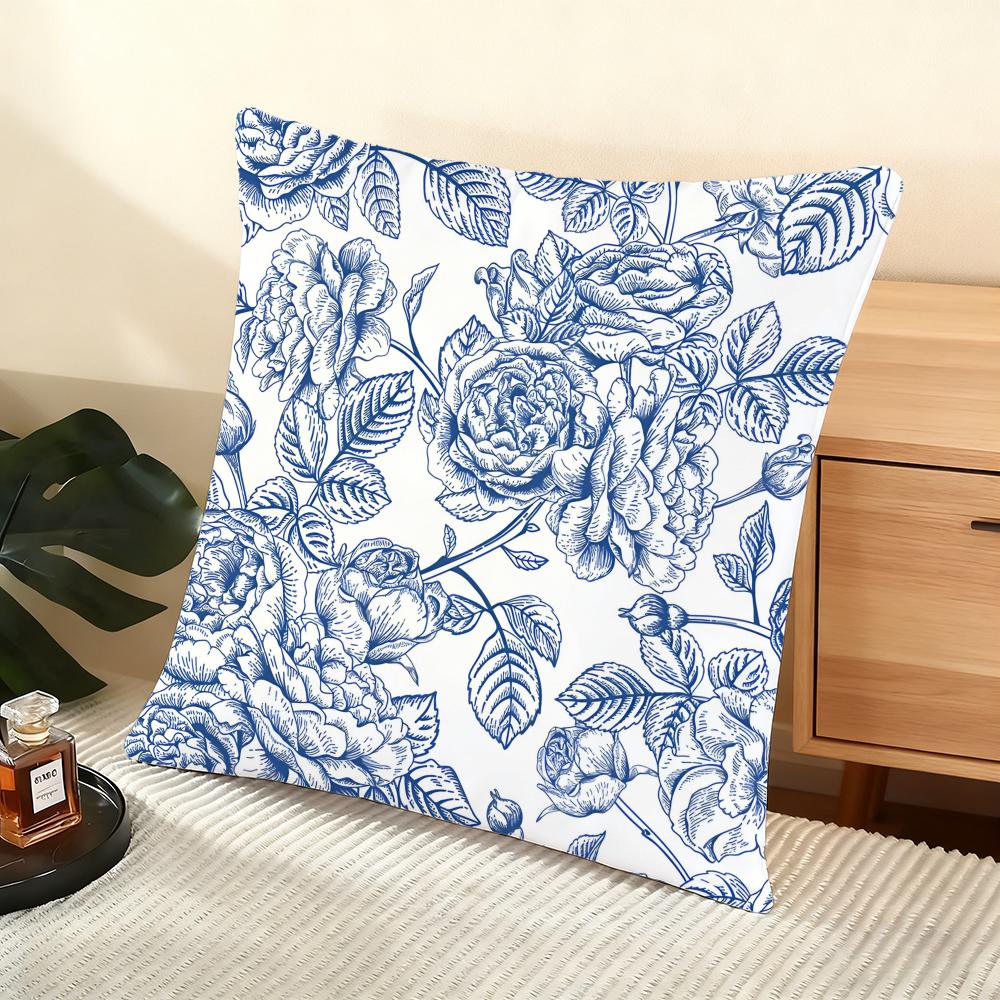 Blue Retro Flower Cushion Cover Soft Short Plush Pillow Cover Smooth Cozy Texture Aesthetic Cushion Case Home Decor