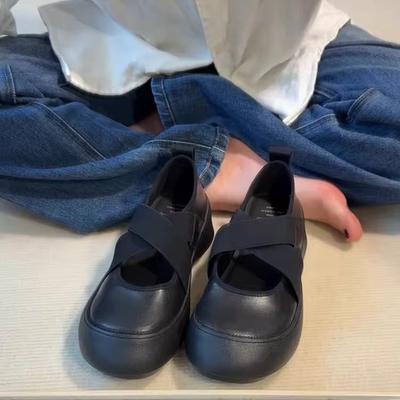 Minimalist College Style Vintage Cross Band Round Head Flat Bottom Ballet Single Shoes Women's Wedge Heel Large Size Light Mouth Mary Jane Women