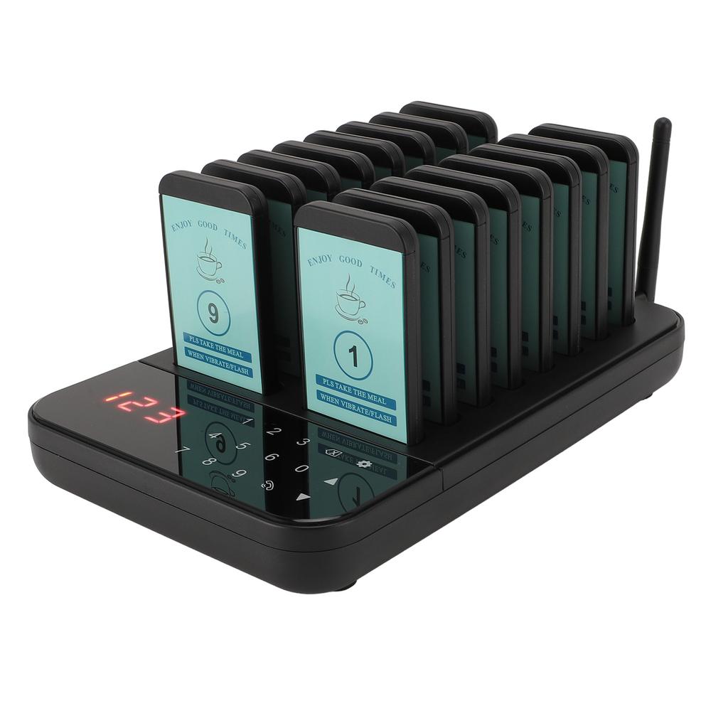 Wireless Pager System 16 Pagers 500m Long Range 1‑999s Setting Vibration Flashing Buzzer Restaurant Calling System