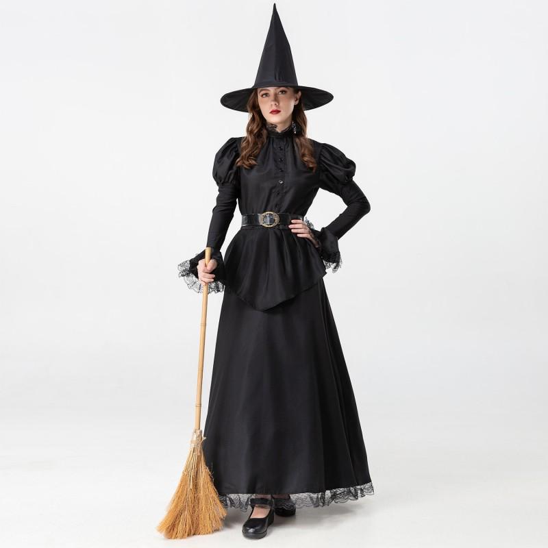 Womens Halloween Costume Set Black Witch Cosplay Outfit Dress Hat Belt Party Stage Role Play