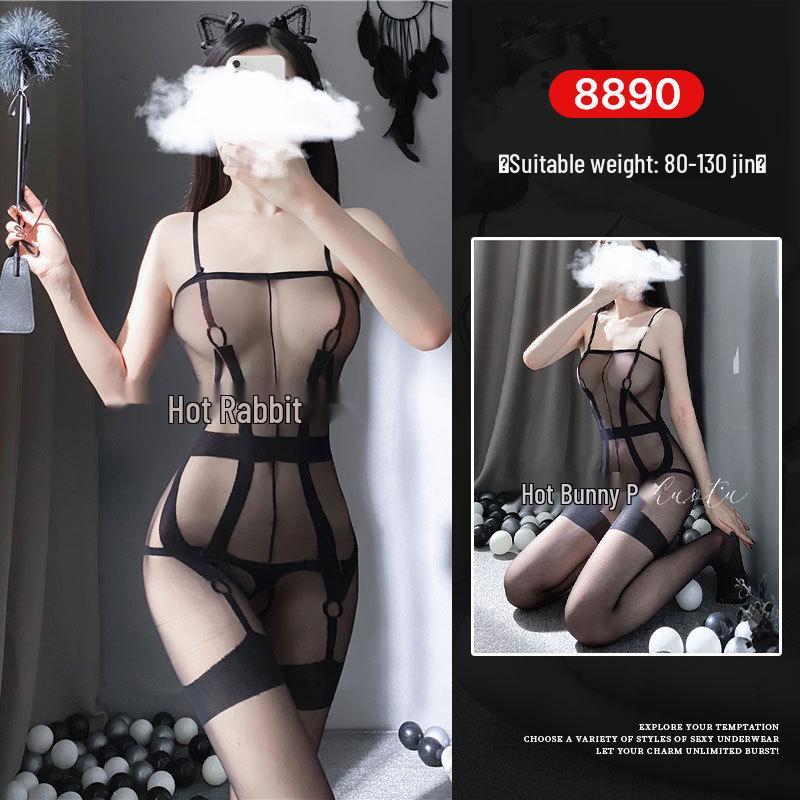 Seductive Rabbit Silk Bondage Lingerie Set: Open Crotch, Tearable Bodysuit with Garter and Stockings
