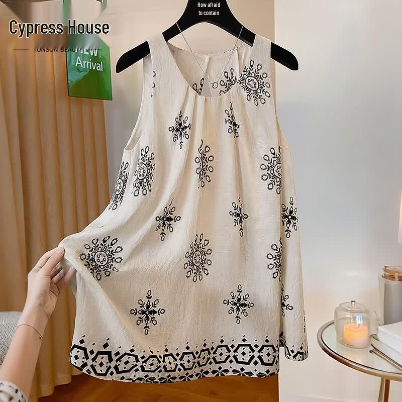 Women s Hollow-Out Round Neck Sleeveless Linen Blend Blouse L