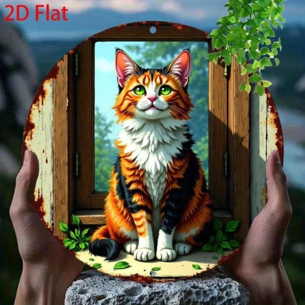 Vintage Green Eyed Cat Metal Sign with Floral Art for Home Kitchen Bar Decor