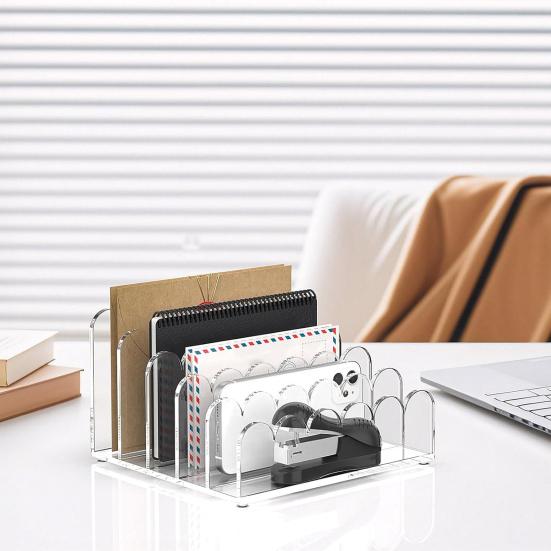 Yousheng Acrylic Mail Organizer Desktop Clear Document Sorter Vertical File Holder 5-Compartment File Rack Desk Organizer