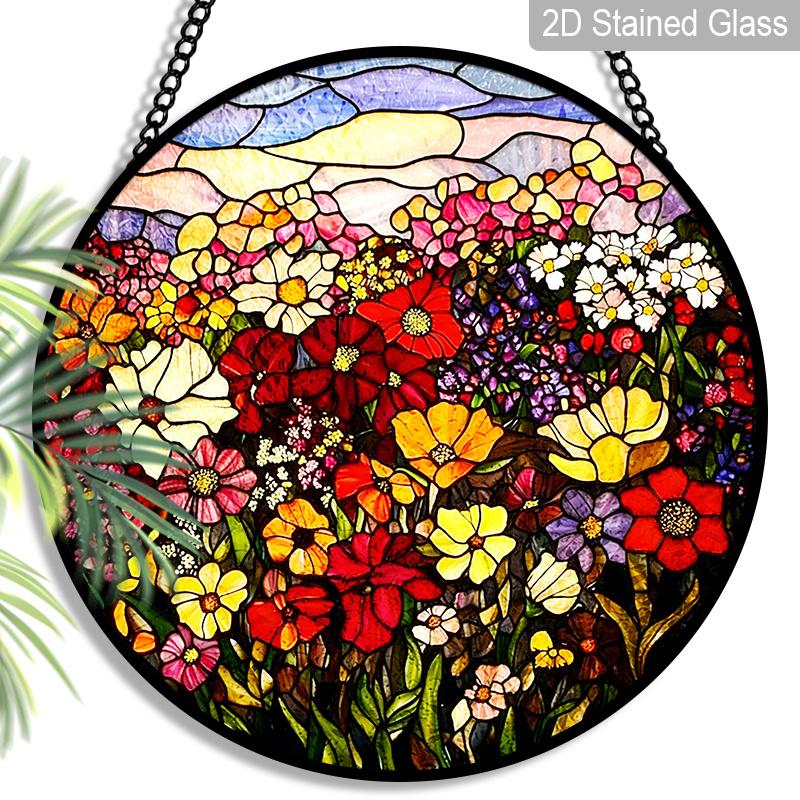 

2D Flat Stained Glass Yellow, Purple, and Red Flowers Window Decoration, 7.87inches Colored Glass Plate with Chain, Charming Spring Summer Sun 7.87inch
