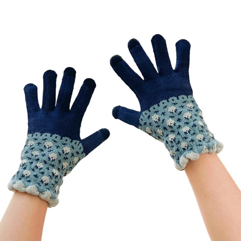 Flower Pattern Knitted Gloves For Women Girl Stylish Design Windproof Thick Warm Handwear for Cycling Skiing Daily Use