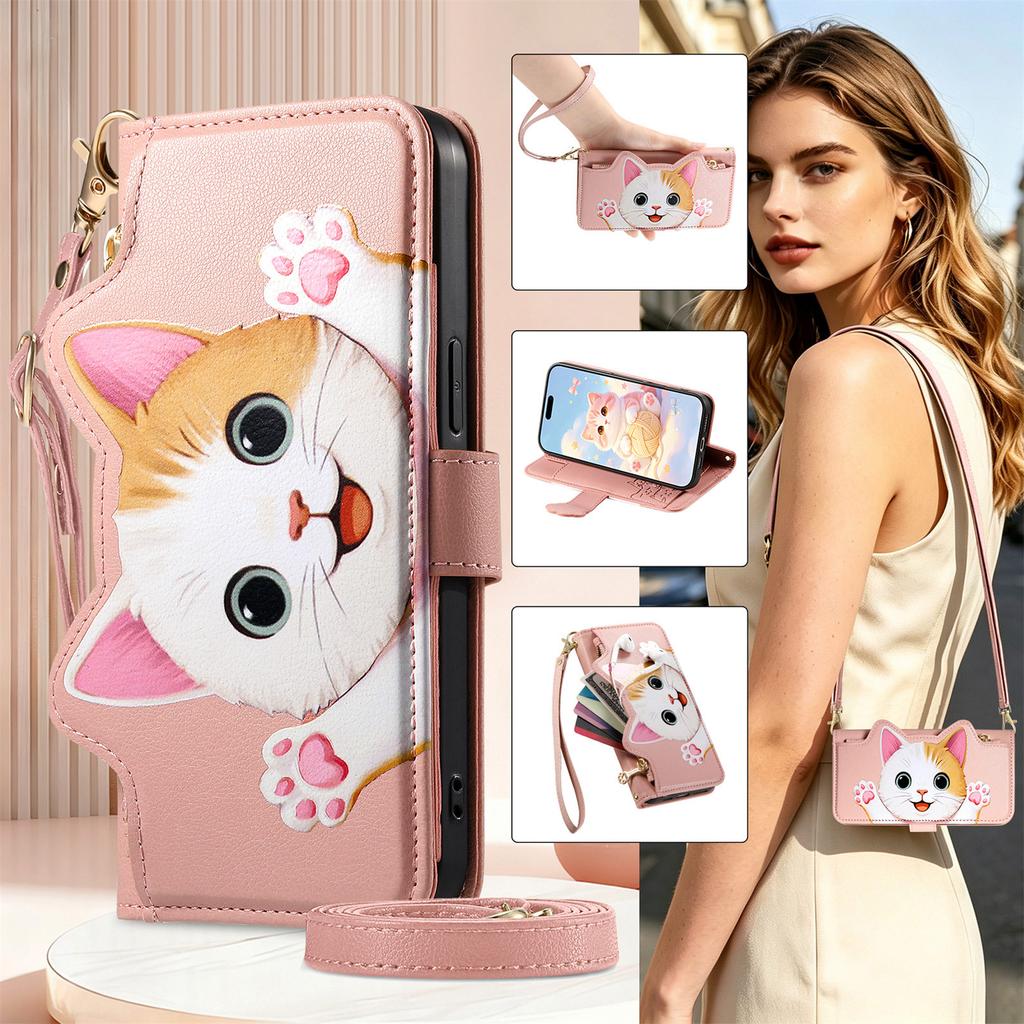 Cute Cat Crossbody Long Lanyard Flip Wallet Leather Case For Samsung S26 Ultra S25 S24 Plus S23 A27 A17 A37 A16 Shockproof Cover