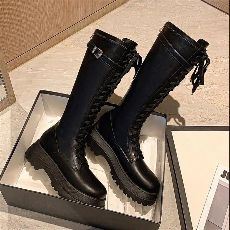 ins trendy belt buckle muffin thick-soled high boots women's autumn and winter lace-up but knee boots popular Internet celebrity women's boots