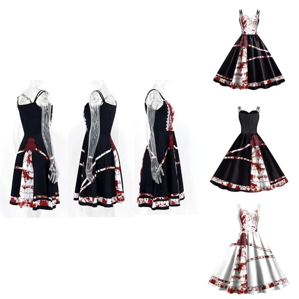 Jialin Halloween Dress For Women Scary Printed Sleeveless Costume Dress Summer)