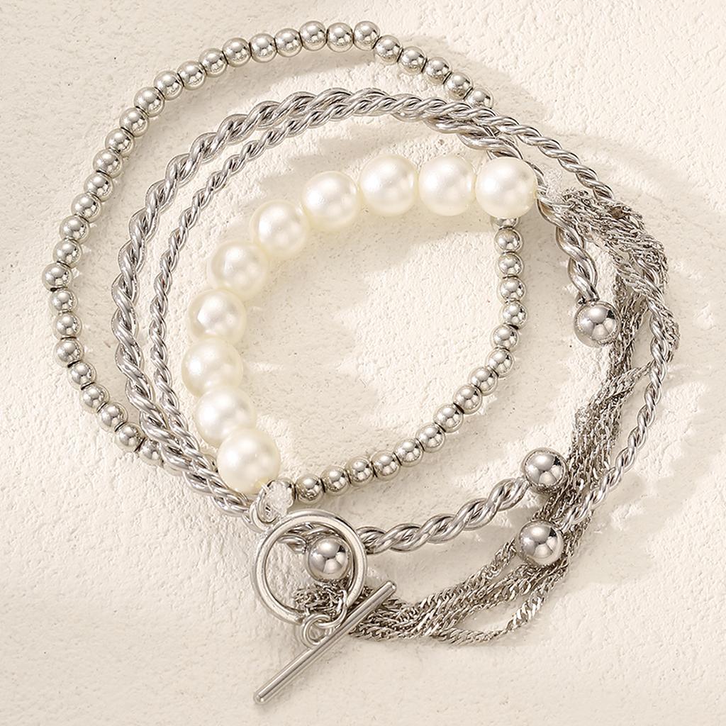 4Pcs Silver Color Bracelet Set For Women Fashion Pearl Beaded Chain Bracelet Trendy Boho Jewelry For Party Daily Wear Gift 2026