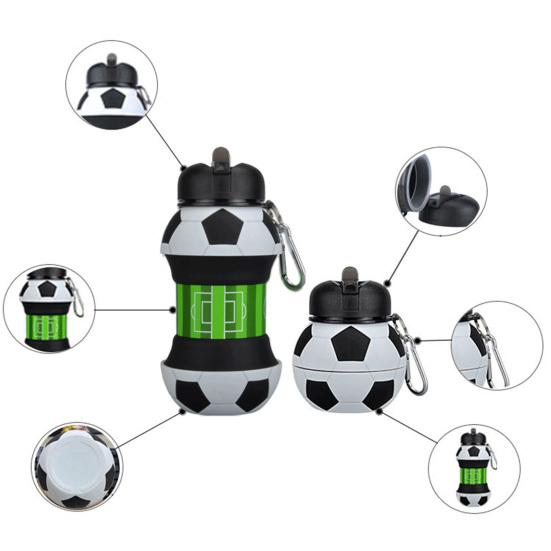 Collapsible Silicone Ball Water Bottle, 550ml Foldable Football Bottle with Climbing Buckle, Leak Proof Spill Resistant Outdoor Sports Travel Bottle