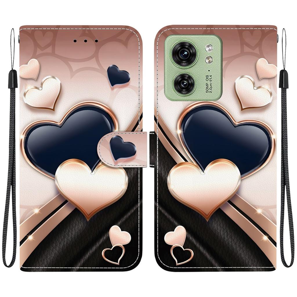Handmade PU Leather Flip Case for Motorola Edge 40 Anti-Slip Shockproof Cover with Wrist Strap & Heart/Rose Cat Designs