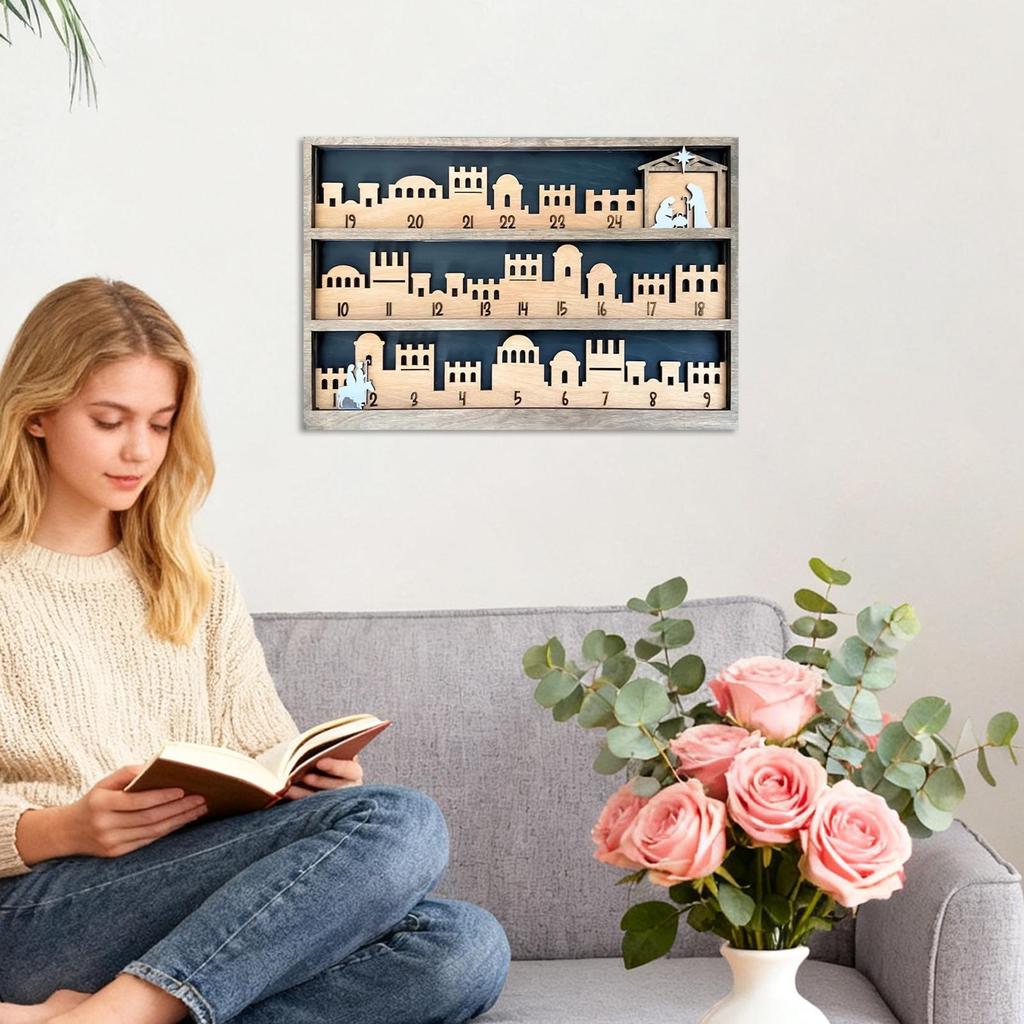 Nativity Scene Countdown Calendar 25 Days Wood Christmas Religious Table Decor Multi-Functional Religious Table Ornament Tray