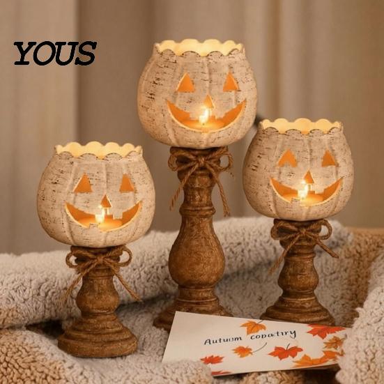 Indoor Fall Mantel Decor Rustic White Pumpkin Tealight Candle Holder Set, Farmhouse Halloween Tea Light Decorative Lanterns for Autumn Holders Decor,