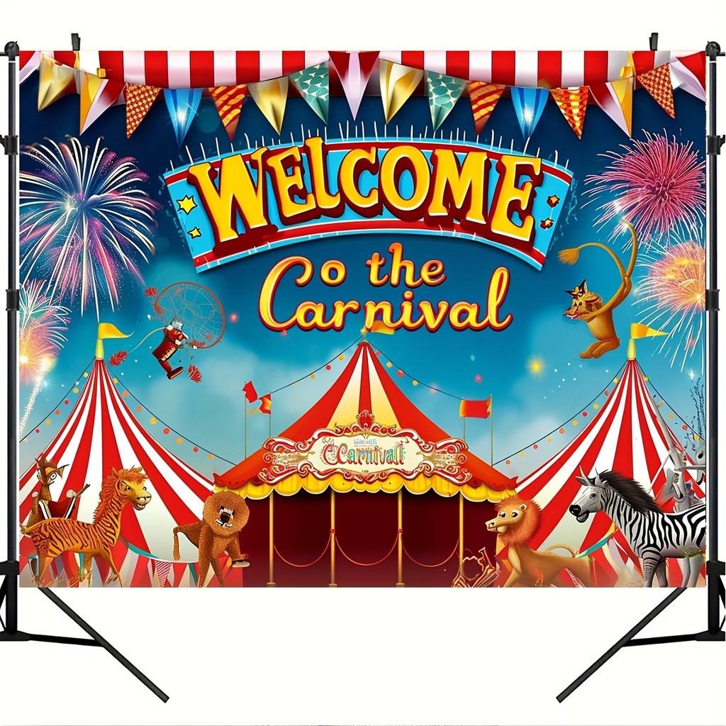 A single item: a large-scale carnival-themed circus background decoration with a welcome banner.