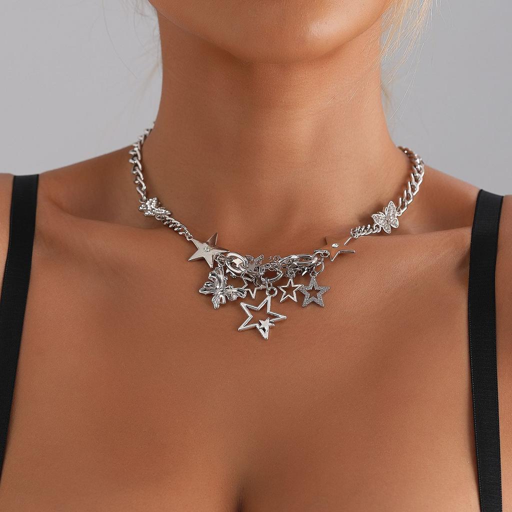 Accessories, Sweet Cool Hip Hop Wind Stars Butterfly Elements Collarbone Chain Creative Metal Wrap Necklace