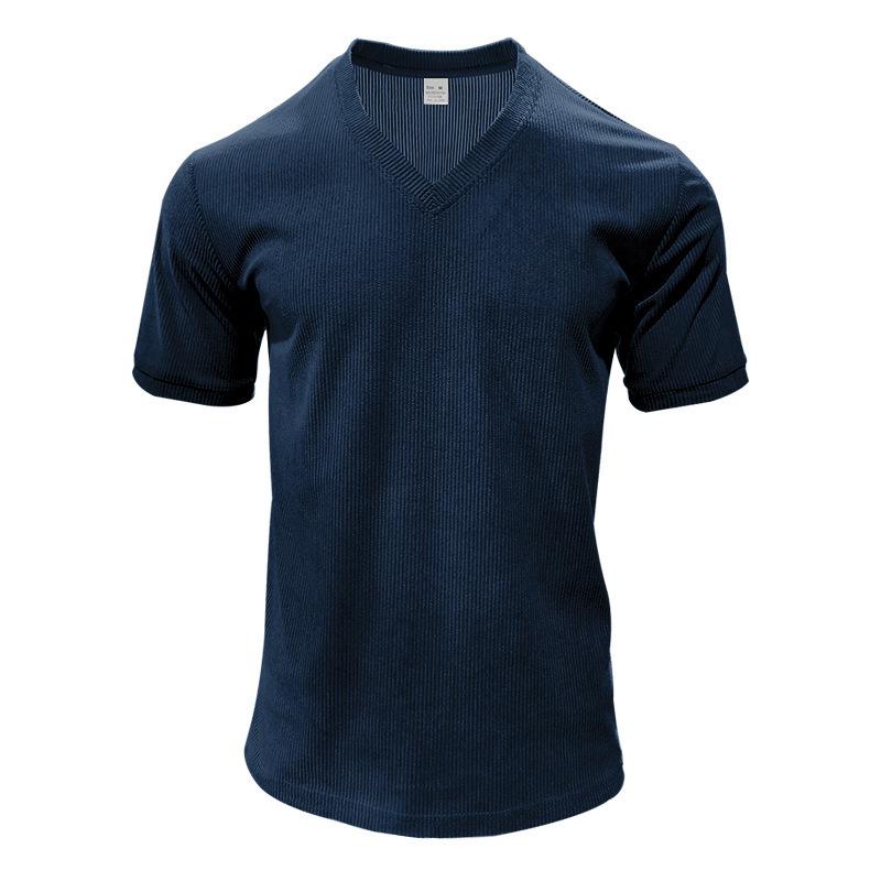Men's V-neck Slim Fit Corduroy Casual Short Sleeve T-shirt, Solid Color