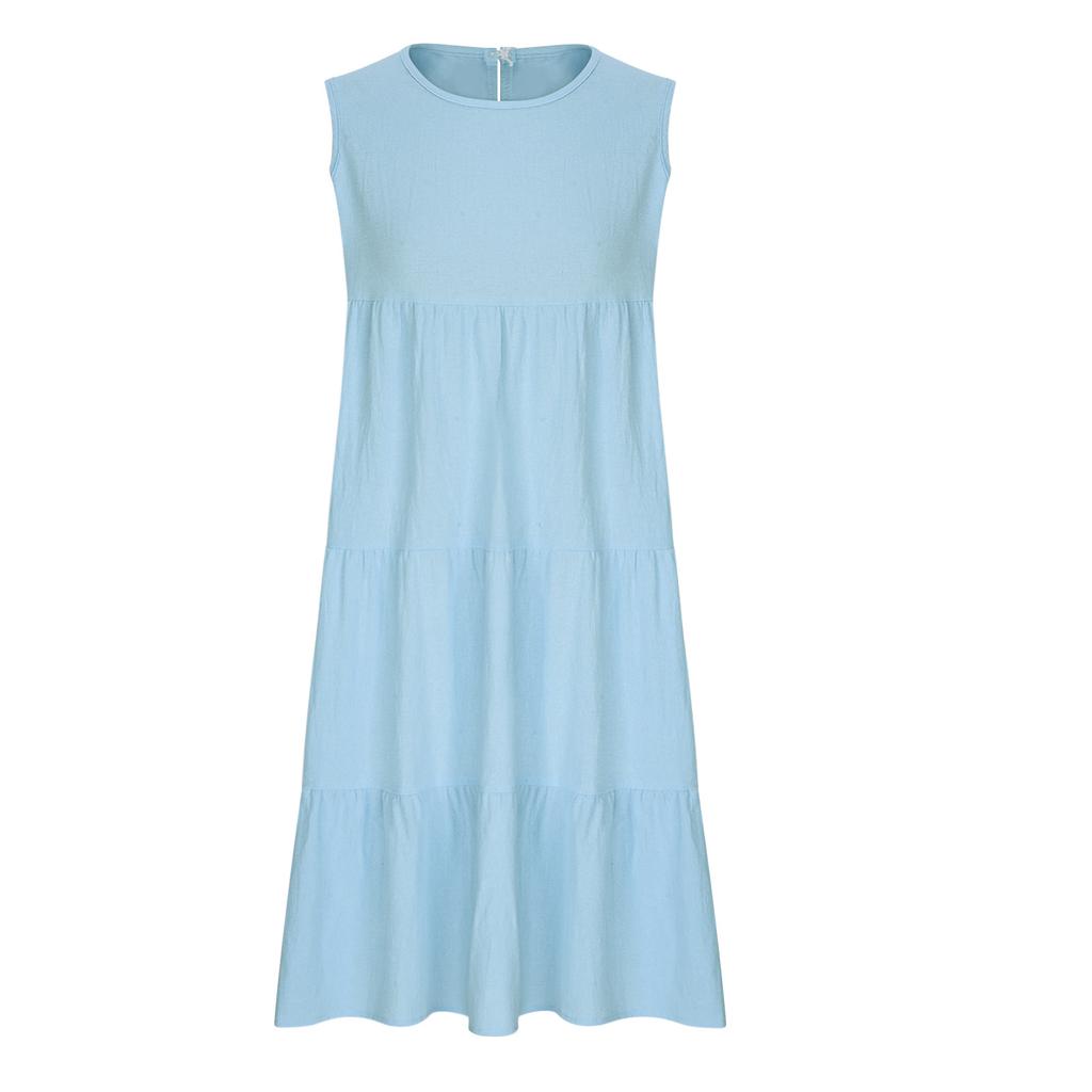 Damen Sommer Übergröße Baumwolle Leinen Ärmellos Stufenkleid Locker Rundhals Einfarbig Lässig Strandurlaub Sommerkleid