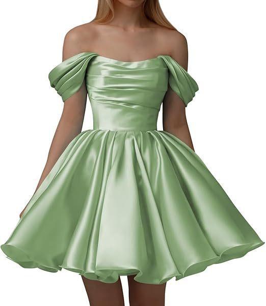 European and American one-word shoulder dress new satin short pleated dance wedding party dress daily dress