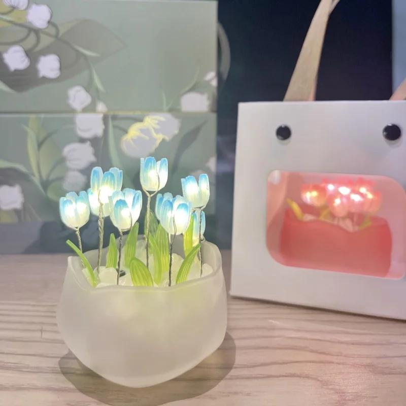 Night Light Artificial Tulip Flower Ornaments Handmade DIY Bedside LED Night Lamp Bedroom Desk Decor Birthday Gifts Table Lights