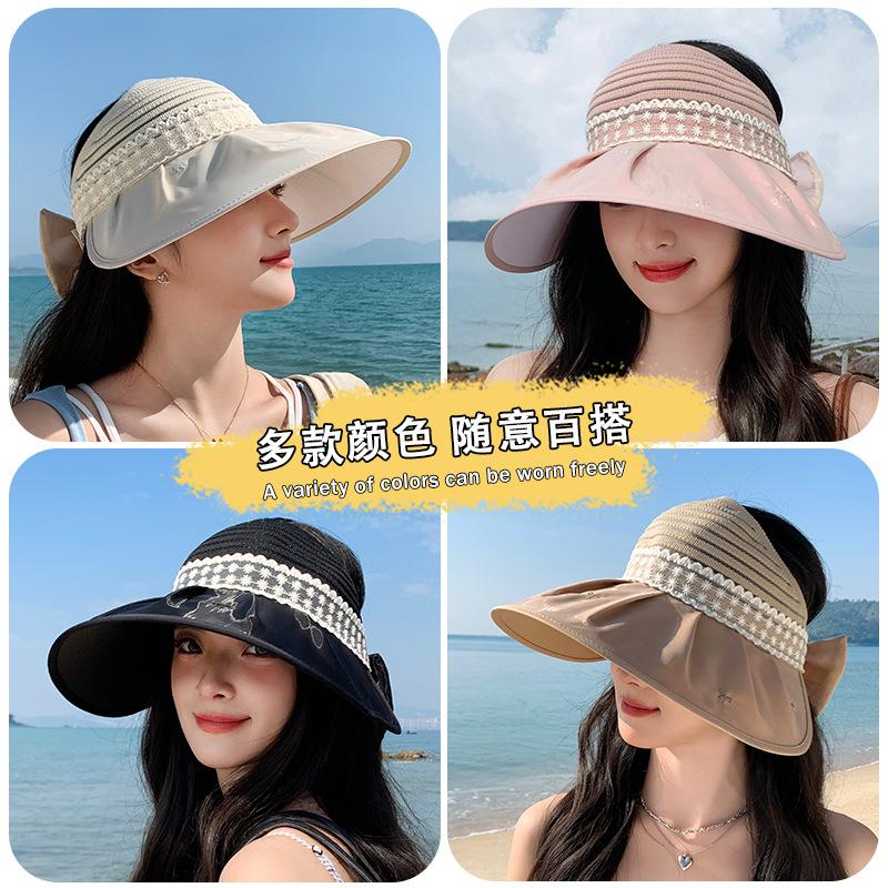 Summer Hat Women's Sunshade Sunscreen Sun Hat Empty Top Grid Large Brim Fashion Bow