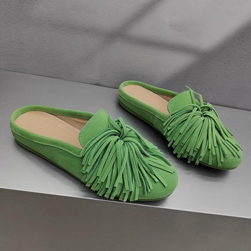 Fashion AIYUQI Slippers For Women Genuine Leather 2025 New Flat Tassel Closed-Toe Shoes Female Large Size Slip-On Shoes Women's Mules