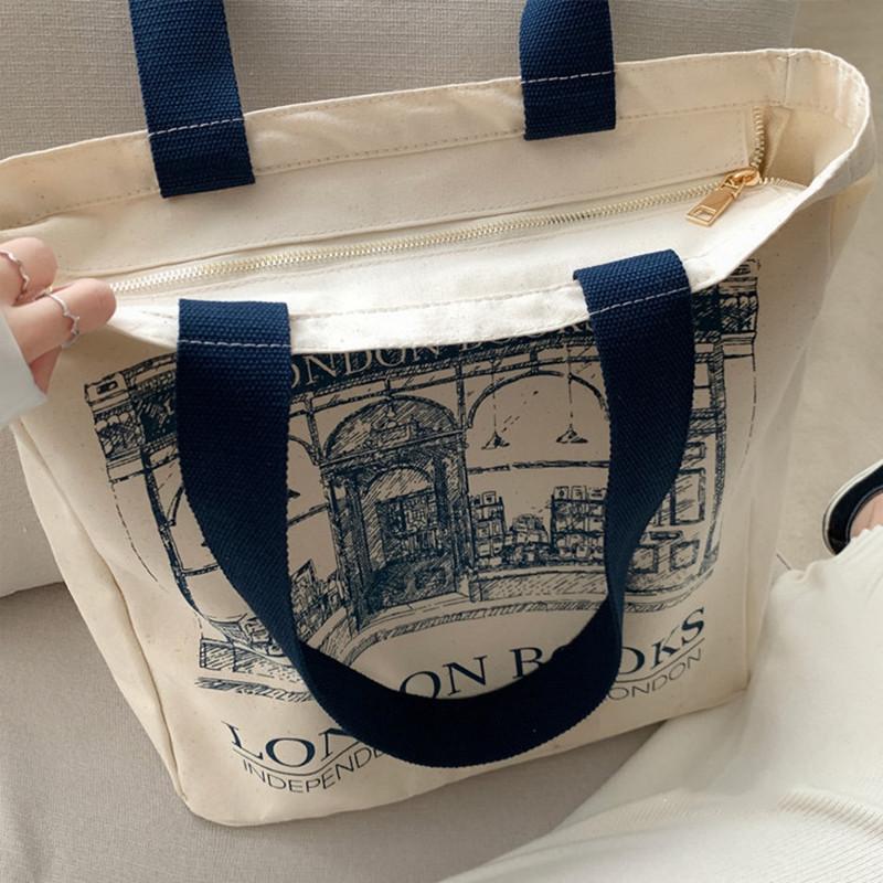 Women Canvas Handbags Shoulder Bag Ld Books Print Ladies Casual Tote Bag Female Handbag Shopping Bag Student School Bags