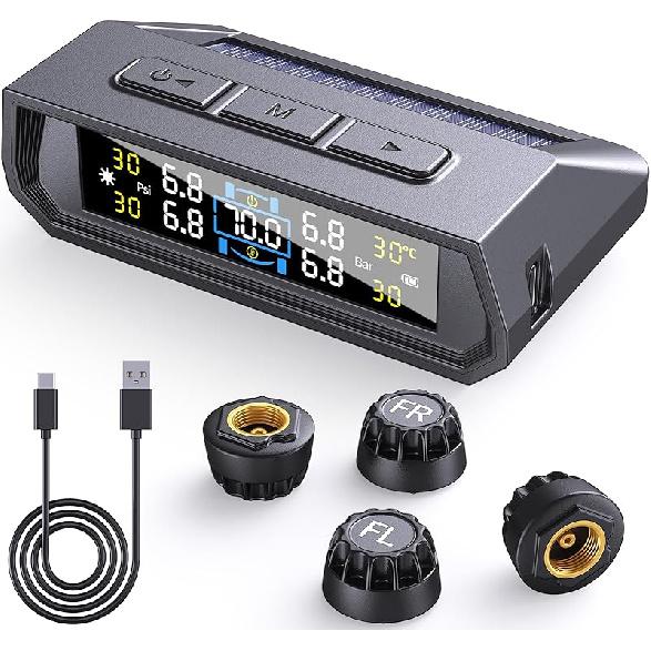 RV Tire Pressure Monitoring System,0-9.9 BAR,144 PSI Tire Pressure Monitor System With Solar Charge, TPMS With 6 Sensors&6 Alarm Modes (6