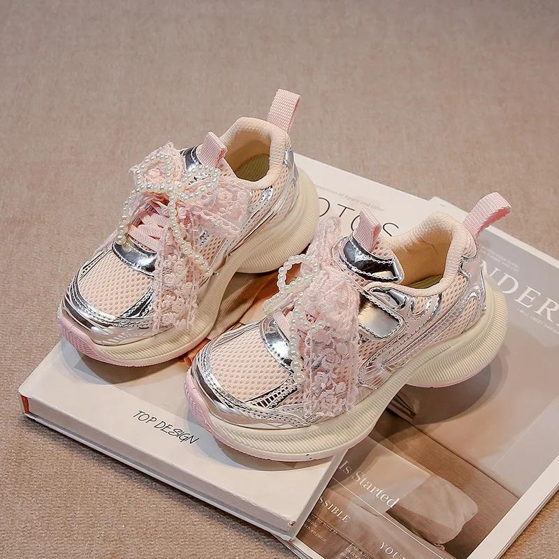 

Girls Sports Shoes Princess Style Children Sneakers Thick Soft Sole 2025 New Fashion Kids Running Shoes Mesh Bows Sweet Cute 26 розовый