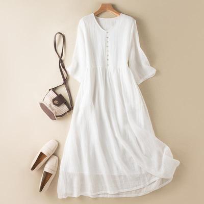 Damen Weißes Strandkleid Einfarbig Sommer A-Linie Halber Ärmel Hemdkleid Lässig Locker Tasche Sommerkleid Urlaub Baggy Lange Robe