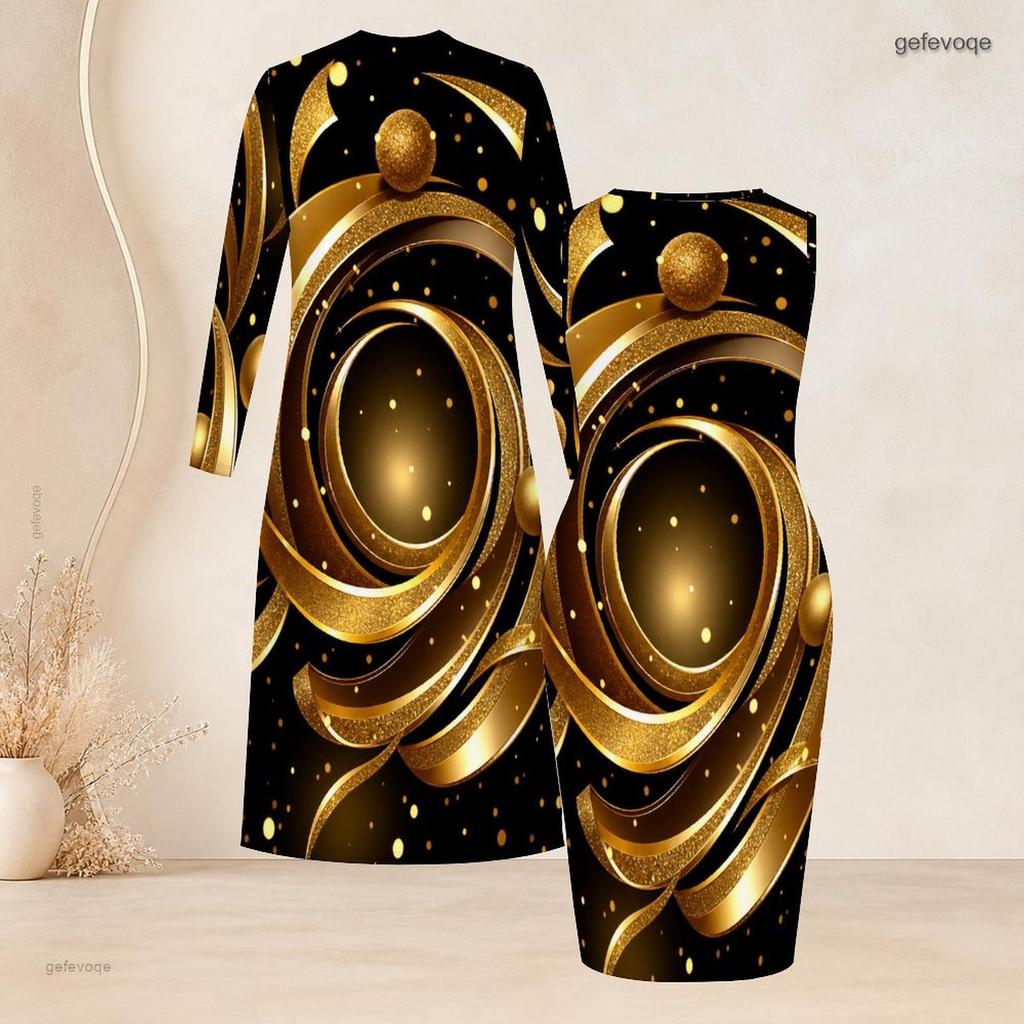Women Plus Size Two Piece Dress Set Long Sleeve Open Front Cardigan Sleeveless Printed Bodycon Dress