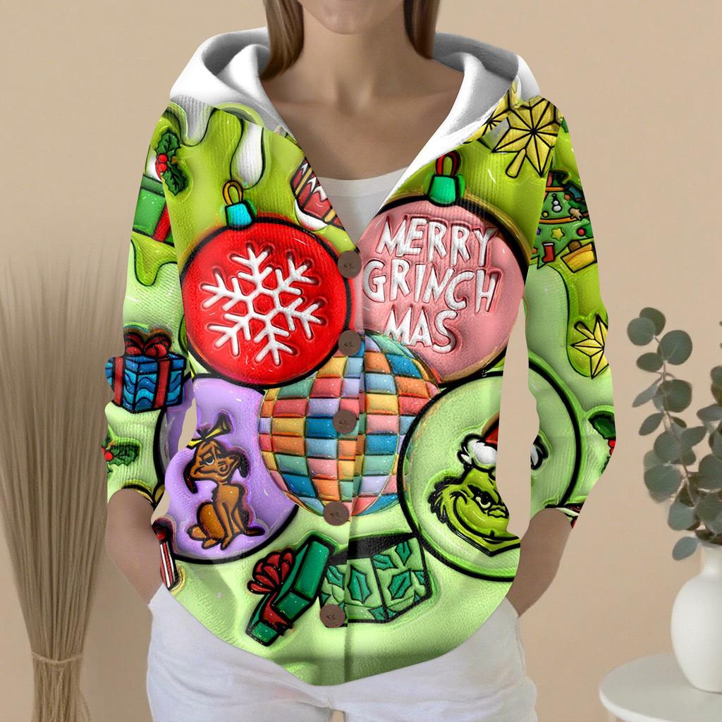 Women's Fashion Casual Sweater Button-Up Print Cardigan  Hooded Jacket