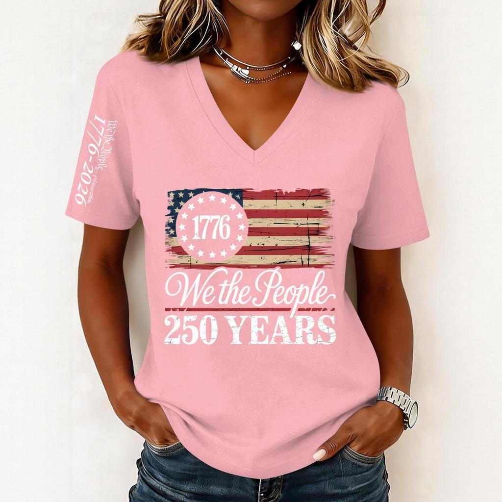 Women’s Fashion Casual Short Sleeve V Neck Pullover Top with 1776 and We the People 250 Years Graphic Print for Everyday Wear