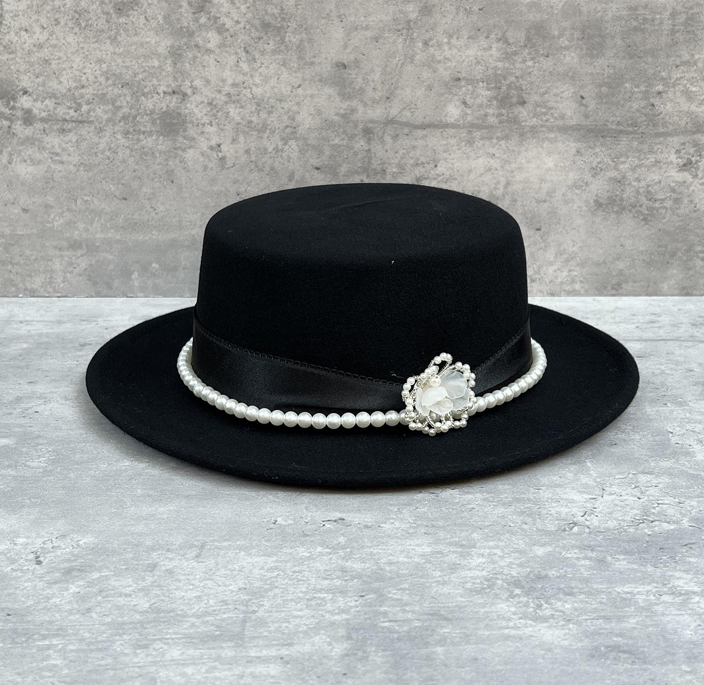 Французский ретро жемчужная цепочка цветок шерстяная цилиндр женский осень и зима Хепберн стиль элегантный темперамент светская львица плоский верхний цилиндр