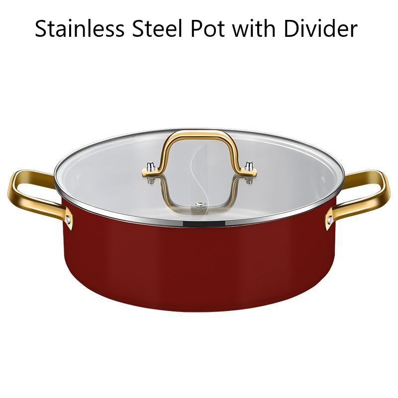 

Кастрюля из нержавеющей стали с разделителем, бесшовная кастрюля, суповая кастрюля с двумя вкусами, кастрюля Шабу Шабу, индукционная посуда с крышкой из закаленного стекла, 12 дюймов красный