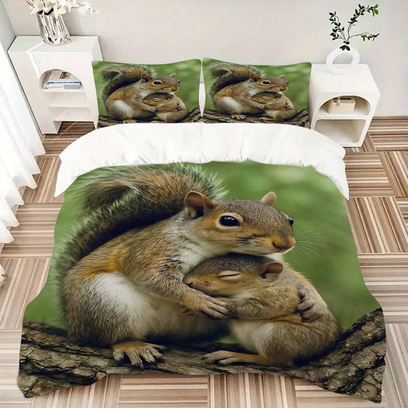 3pcs Squirrel Family Bedding Set - Includes One Quilt Cover and Two Pillowcases (No Core) - Cute Animal Design for Home Decor, Festival Gift