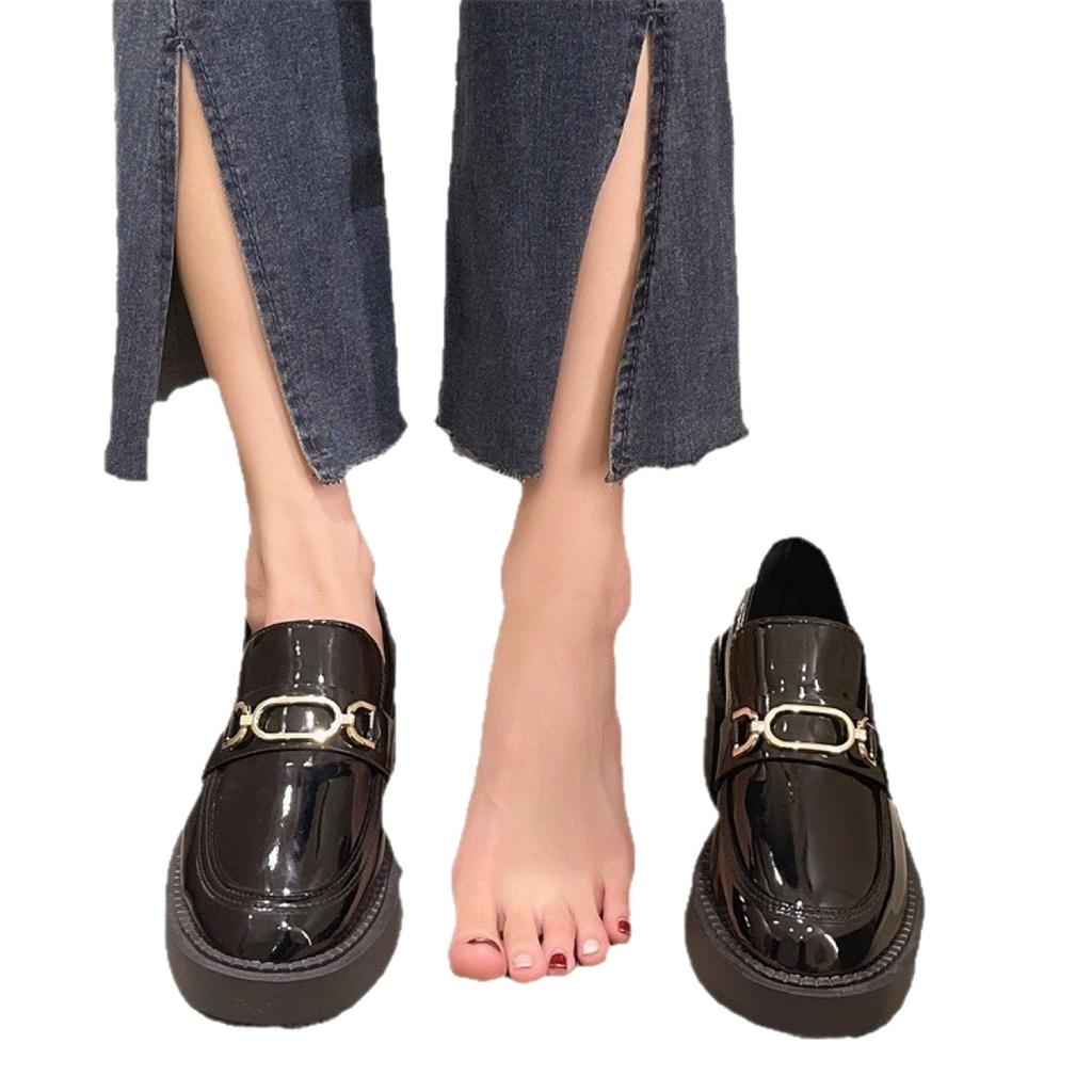 Metal chain platform spring and autumn black thick heel high heel retro British small leather shoes single shoes
