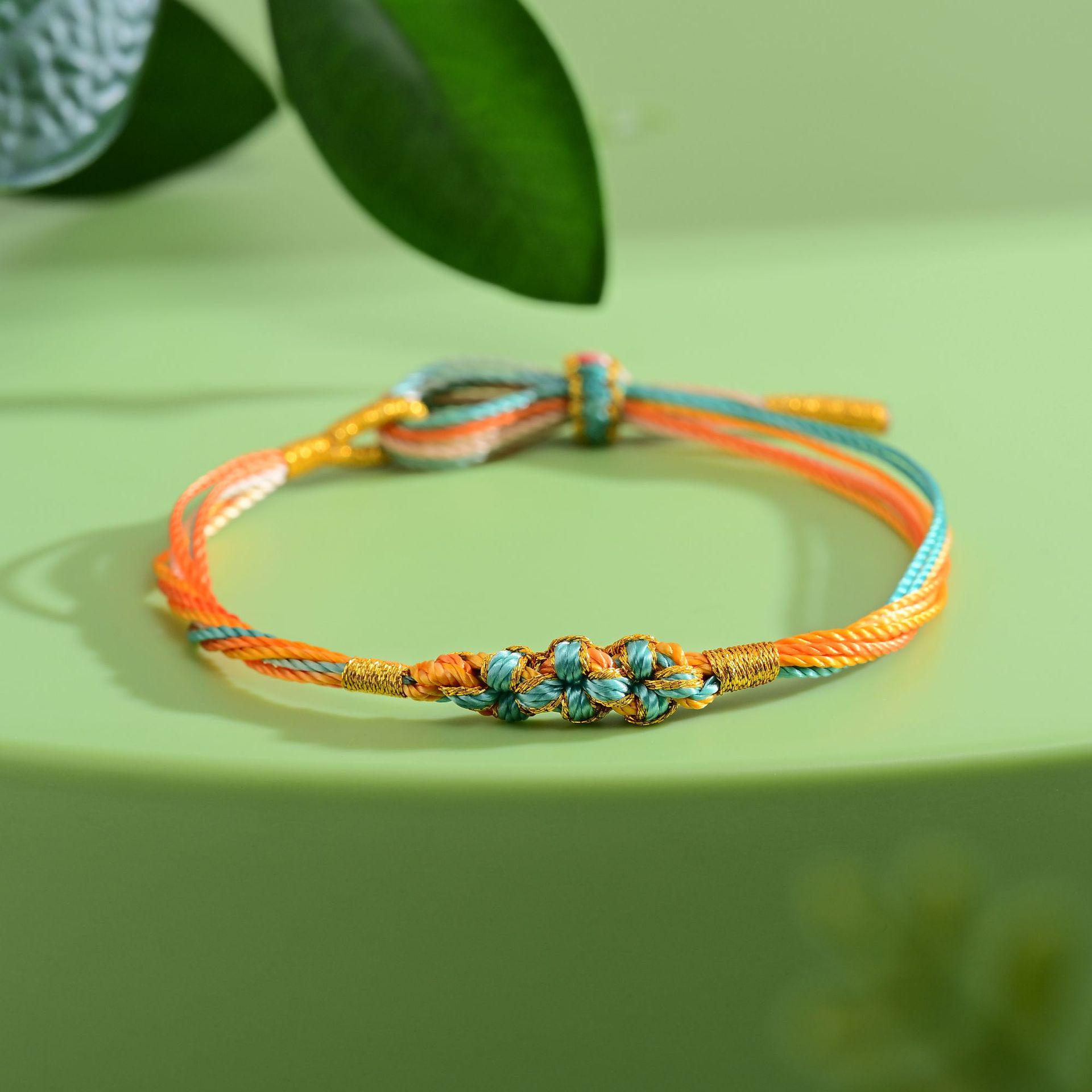 Ethnic Style Handmade Five-Color Thread Bracelet with Peach Blossom Knot.