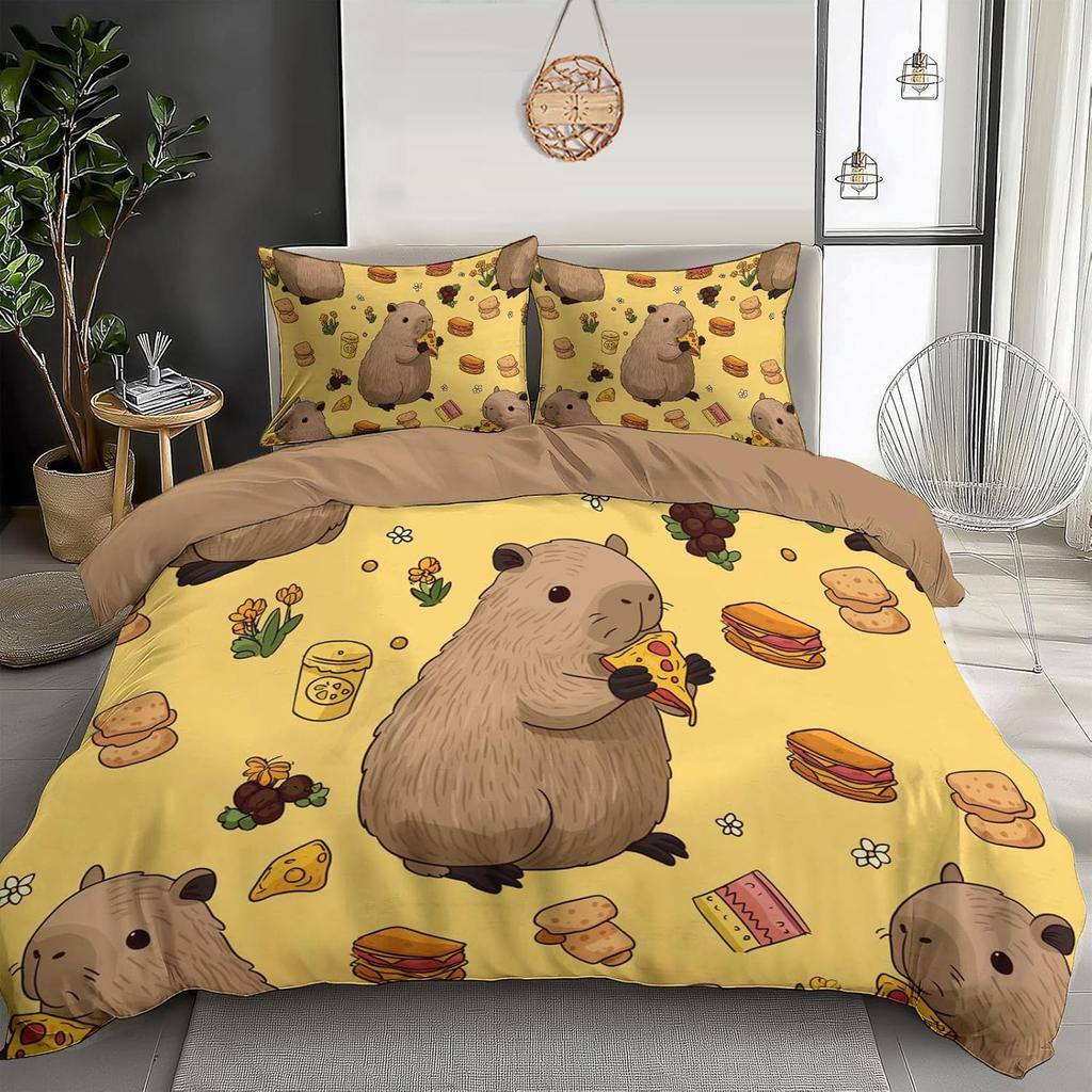 Bedding Capybara Duvet Cover Set 3D Printed Microfiber Cute Animals Quilt Cover Pillowcase Bed Cover Zipper Closure 2 Pieces
