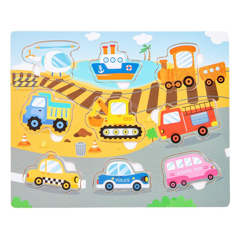 Montessori Wooden Puzzles Hand Grab Boards Toys Tangram Jigsaw Baby Educational Toy Cartoon Vehicle Animals Fruits for Kids Gift