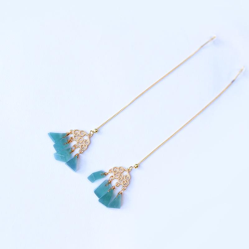**Auspicious Clouds Jade Earrings in 14K Gold Plated with Natural Blue Water Dangle**