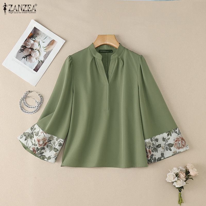 ZANZEA Blusa holgada casual para mujer con cuello en V, estampado patchwork, manga 3/4