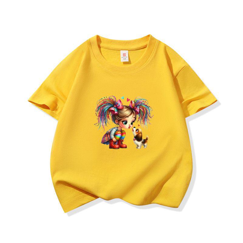 Kids Cotton T Shirt Rainbow Hair Girl Kissing Puppy Dog Print Crew Neck Short Sleeve Tee Casual Boys Girls Summer Tops