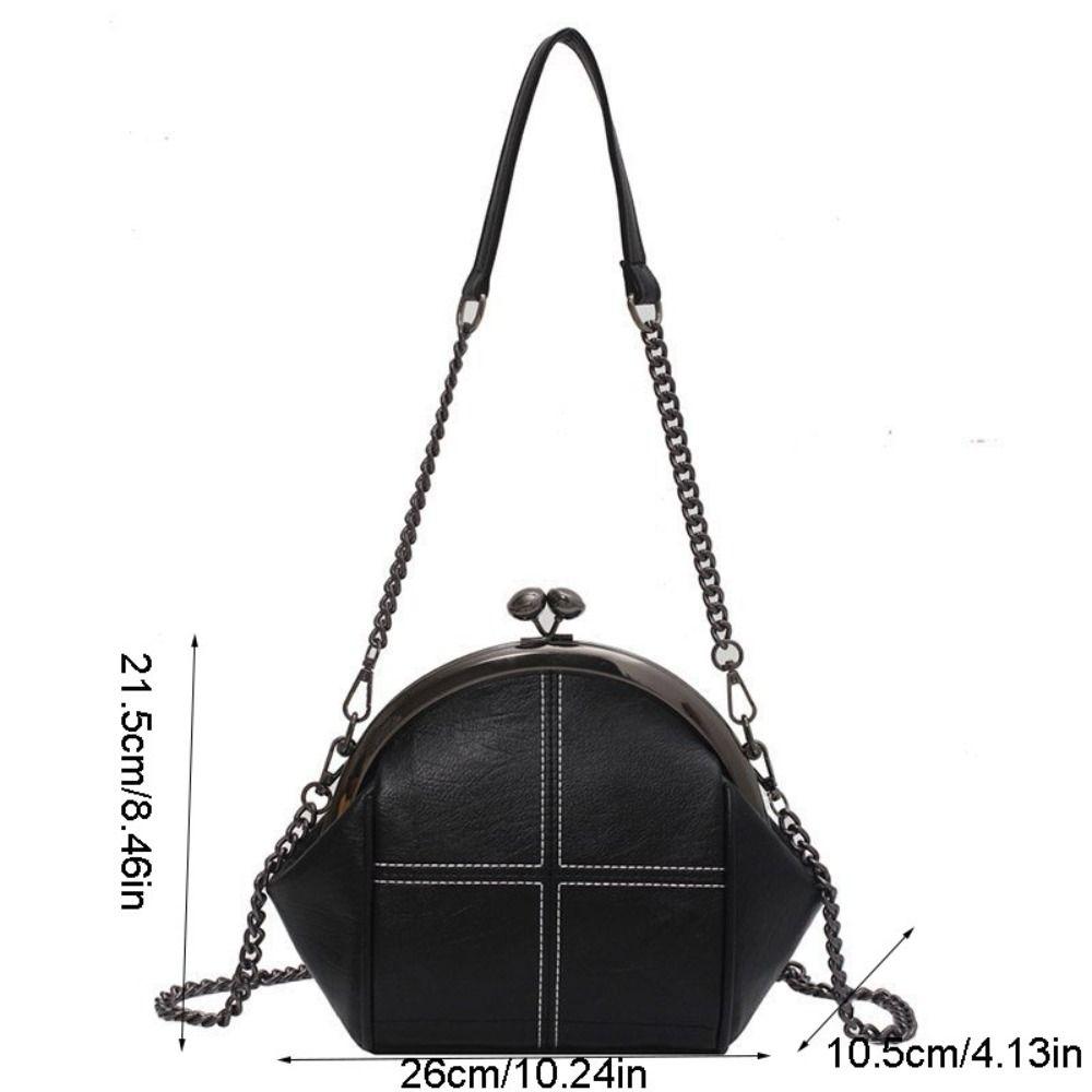 Solid Color Kiss Lock Handbag Chain Strap Large Capacity PU Leather Crossbody Bag Short Handle Clip Closure Clutch Shoulder Bag