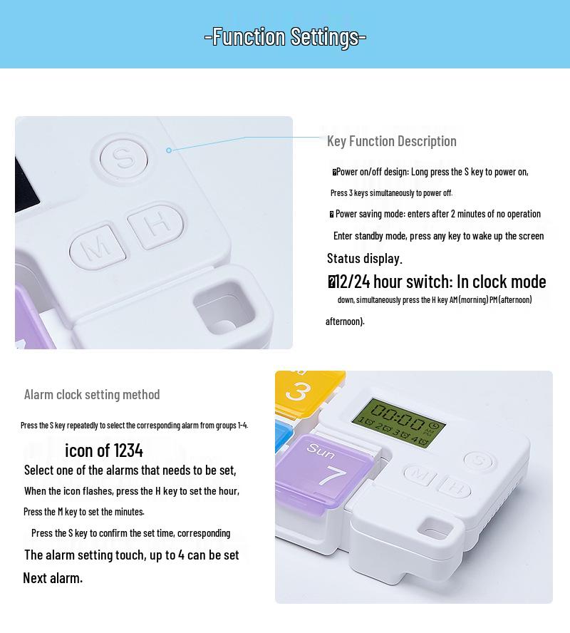 Square Plastic Pill Box with Timer - 7 Compartment Weekly Organizer & Electronic Reminder, Portable Dispenser
