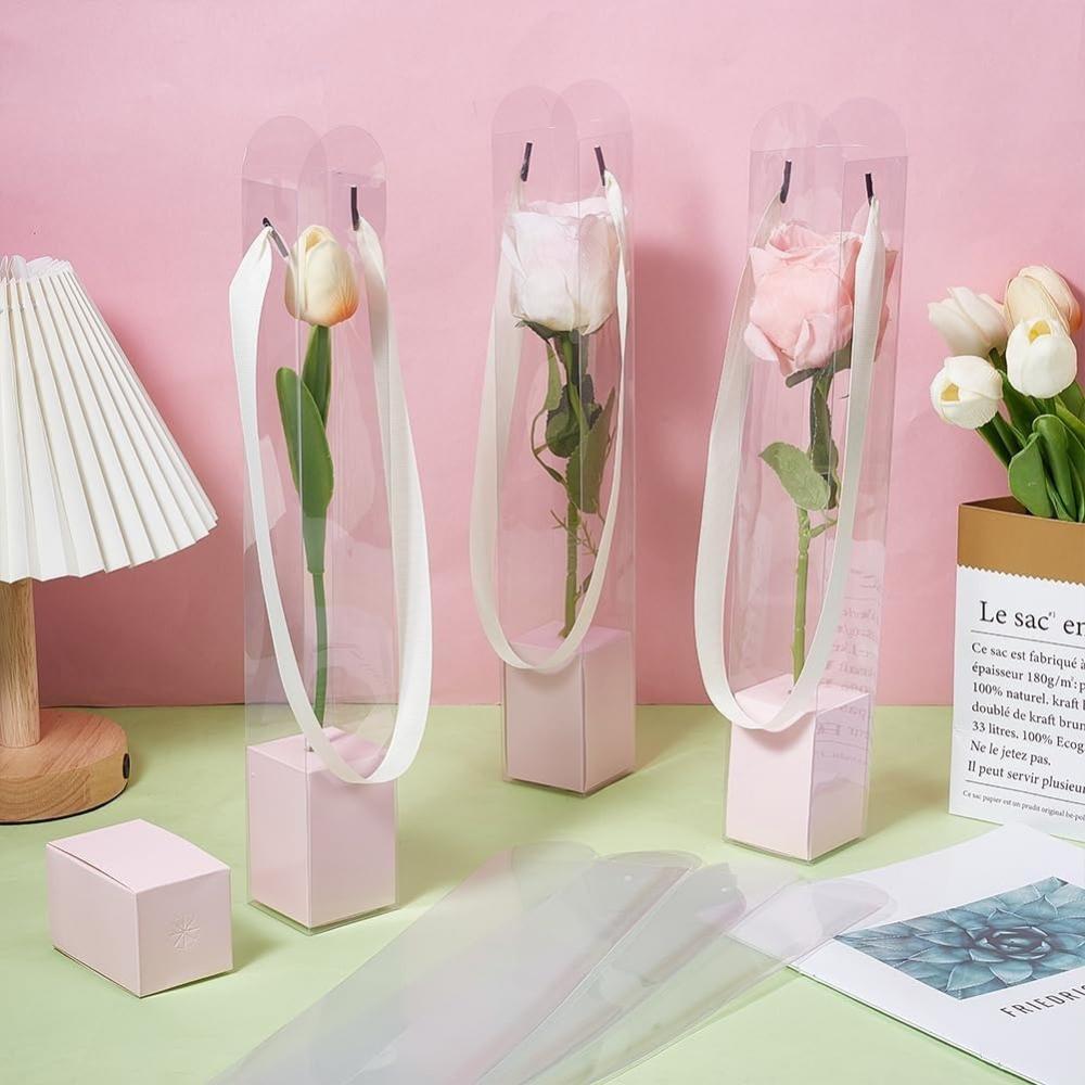 5er-Set Tragbare Klare Plastik-Blumenkästen Transparente Handheld-Rosen-Geschenkbox für Blumenstraußverpackung Kleine Florale DIY-Hülle Taschen