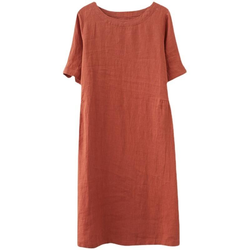 Real Summer New Literary and Loose Solid Color Cotton and Linen Round Neck Short-sleeved Dress Women's Medium and Long Models